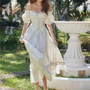 Romantic Off-Shoulder Cream Maxi Dress with Corset Bodice